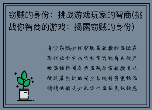 窃贼的身份：挑战游戏玩家的智商(挑战你智商的游戏：揭露窃贼的身份)